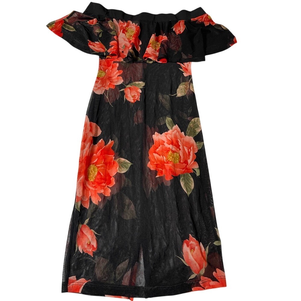 Privy Off Shoulder Floral Midi‎ Dress Black Red Roses Size S